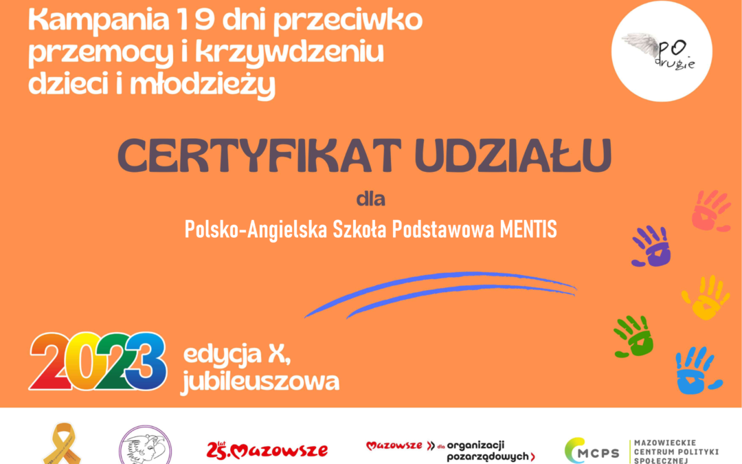 Certyfikat udziału w Kampanii 19 dni dla Szkoły Mentis